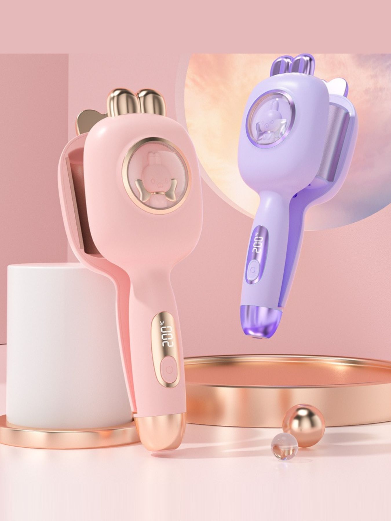 Pink Trendsi fast heating hair curling iron with European plug, showcasing smooth, curled hair styles.