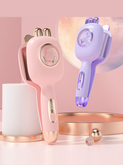 Pink Trendsi fast heating hair curling iron with European plug, showcasing smooth, curled hair styles.