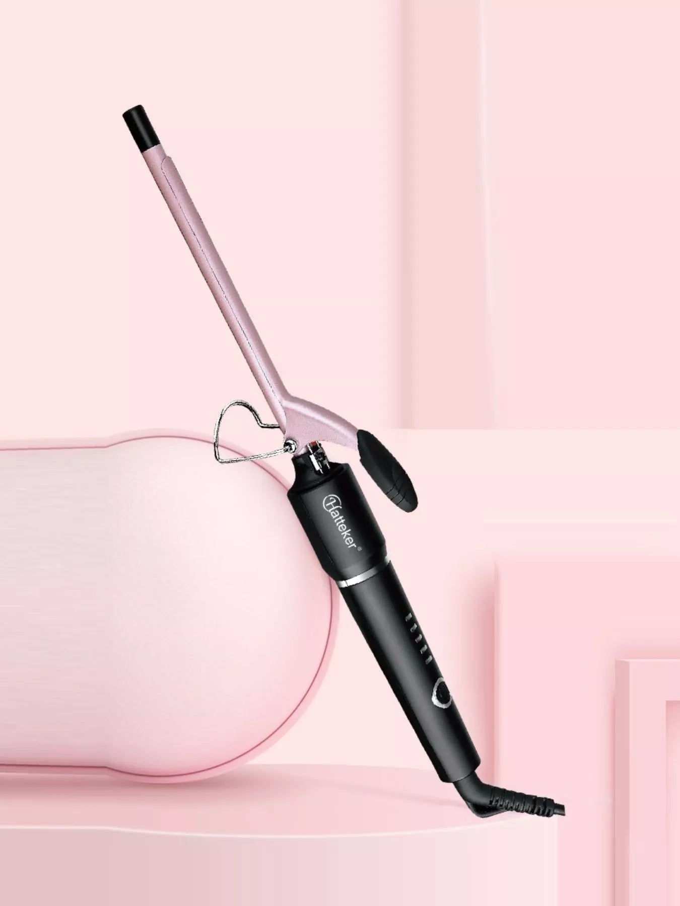 Pink professional fast heating curling iron wand with European plug, designed for quick, sleek curls by Trendsi.