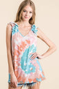 Pink and mint tie-dye knit V-neck top with ruffle details, featuring a circular pattern from Trendsi.