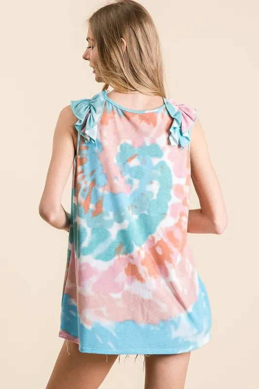 Pink and mint tie-dye knit V-neck top with ruffle detail from Trendsi, featuring a circular design and casual style.