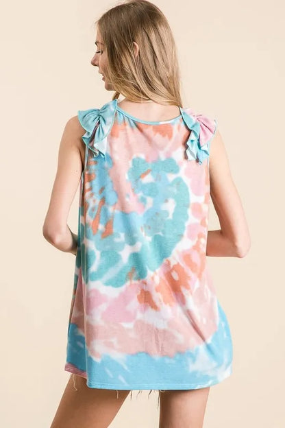 Pink and mint tie-dye knit V-neck top with ruffle detail from Trendsi, featuring a circular design and casual style.