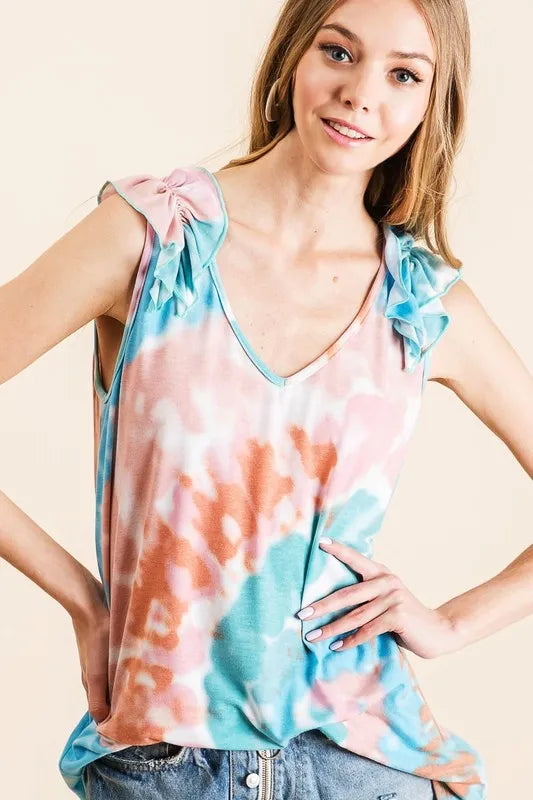Pink and mint tie-dye knit V-neck top with ruffle detail, featuring a circular design from Trendsi.