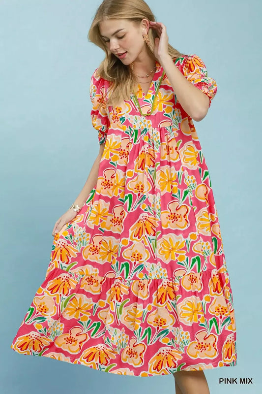Pink floral print Umgee puff sleeve tiered midi dress with a feminine, flowy silhouette and tiered skirt.