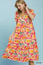 Pink floral print Umgee puff sleeve tiered midi dress with a feminine, flowy silhouette and tiered skirt.