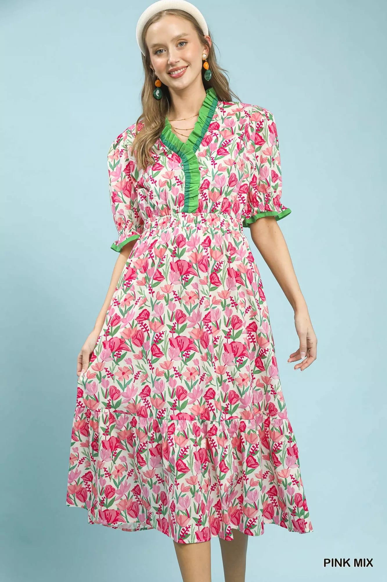 Pink floral ruffle trim tiered midi dress by Umgee with a feminine, flowy design, perfect for spring and summer occasions.