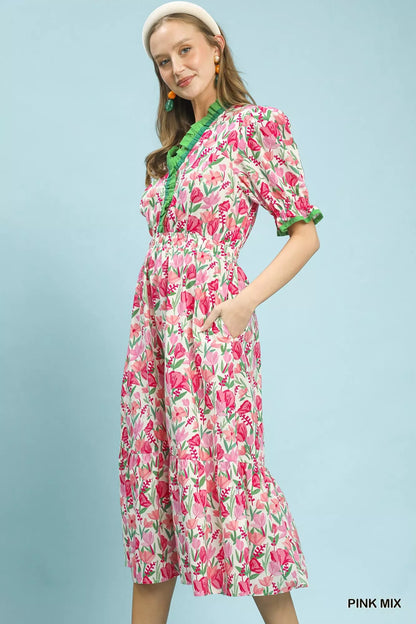Pink Umgee floral tiered midi dress with ruffle trim, featuring a feminine floral pattern and layered design.