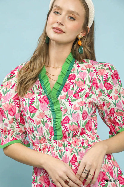 Pink floral ruffle trim tiered midi dress by Umgee, featuring a flowy silhouette and feminine design.