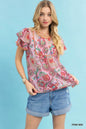 Pink Umgee Mix Paisley Ruffle Sleeve Top with flowy ruffled sleeves, stylish boho design, perfect for casual wear.