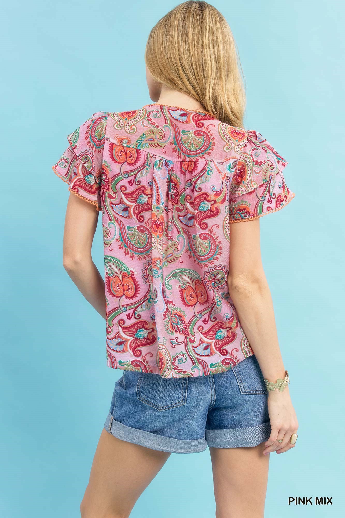Pink Umgee Mix Paisley Ruffle Sleeve Top with flowy ruffle details, stylish boho-inspired blouse by Trendsi.