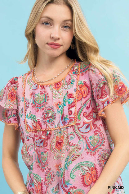 Pink Umgee Mix Paisley Ruffle Sleeve Top with flowy ruffles and bohemian style, perfect for casual or dressy occasions.