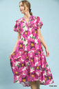 Pink floral V-neck midi dress with flutter sleeves and tiered skirt by Umgee, perfect for tropical-inspired summer style.