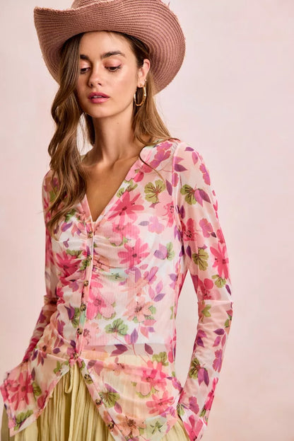 Pink floral mesh cardigan top with shredded detail and button-up front, stylish and lightweight from Trendsi.
