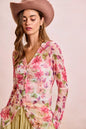 Pink floral mesh cardigan top with shredded detail and button-up front, stylish and lightweight from Trendsi.