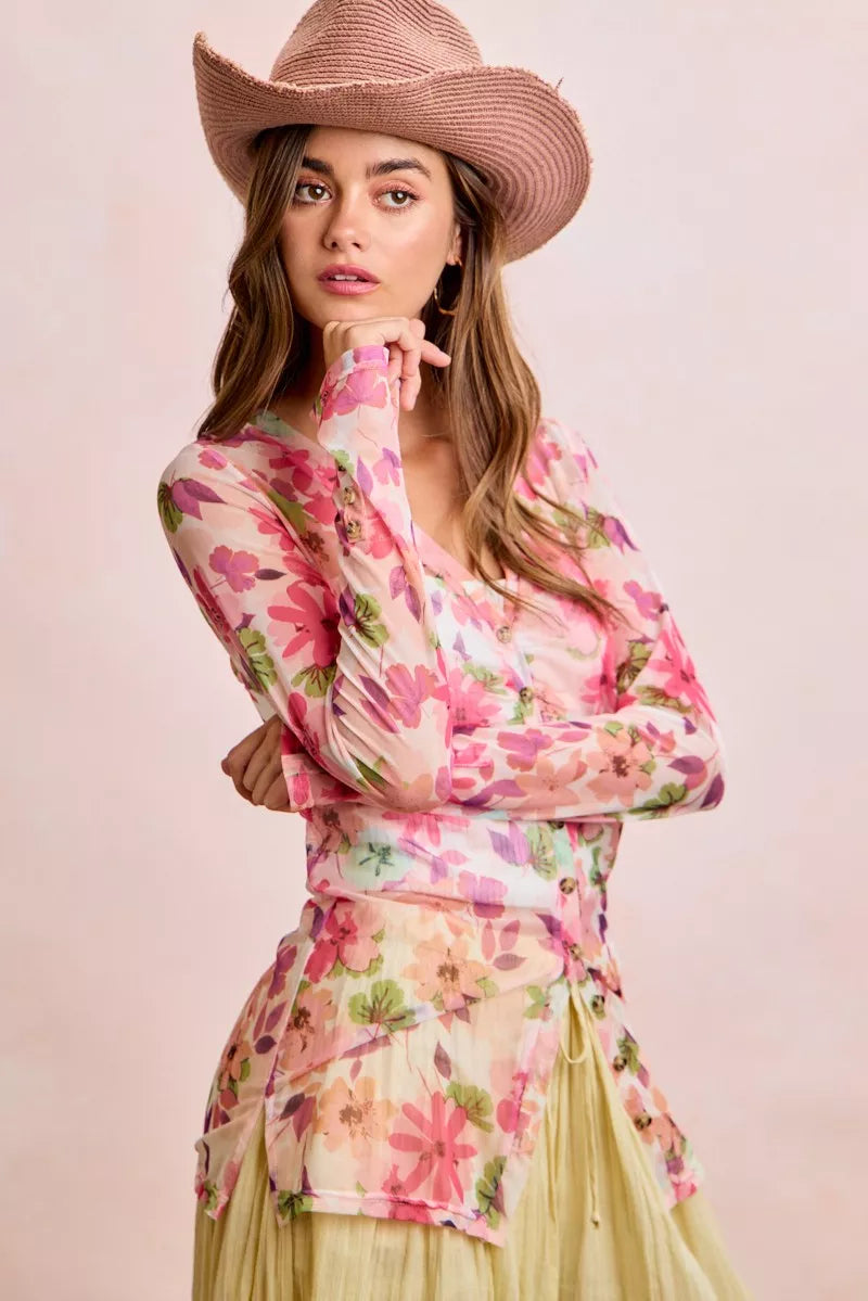 Pink floral mesh cardigan with button-up front and shried detail, feminine trendi top perfect for layered spring outfits.