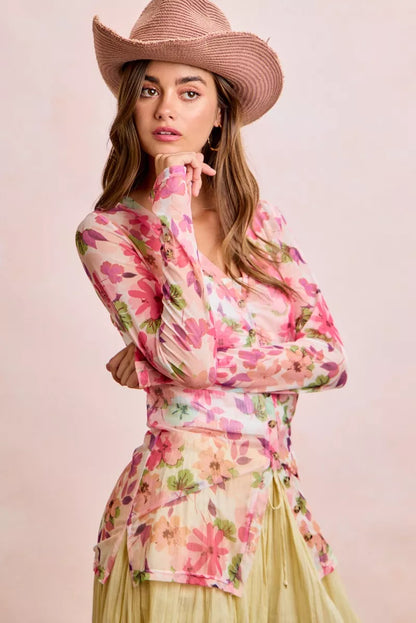 Pink floral mesh cardigan with button-up front and shried detail, feminine trendi top perfect for layered spring outfits.