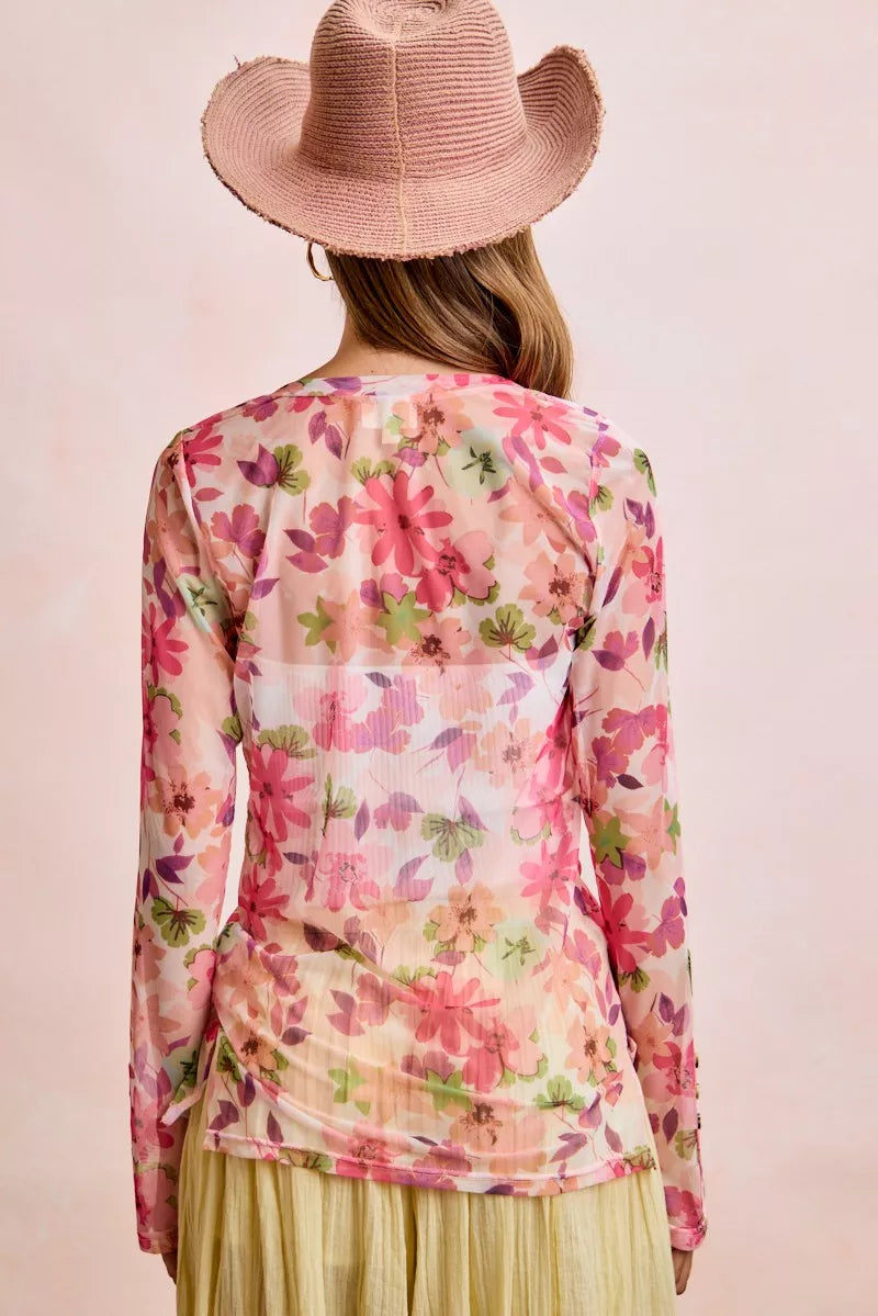 Pink floral mesh cardigan top with shredded detail and button-up front, stylish women's blouse by Trendsi.