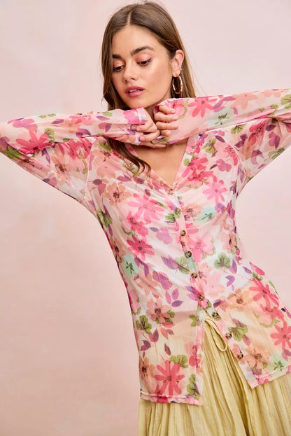 Pink floral Trendsi mesh cardigan top with shredded detail and button-up front, featuring a lightweight, stylish design.