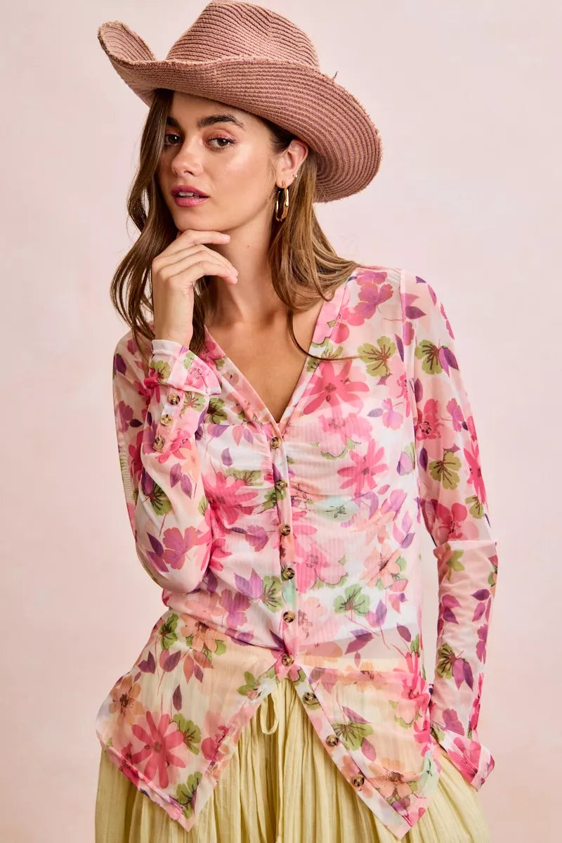 Trendi pink floral mesh cardigan with shredded detail and button-up front, perfect for stylish layered looks.