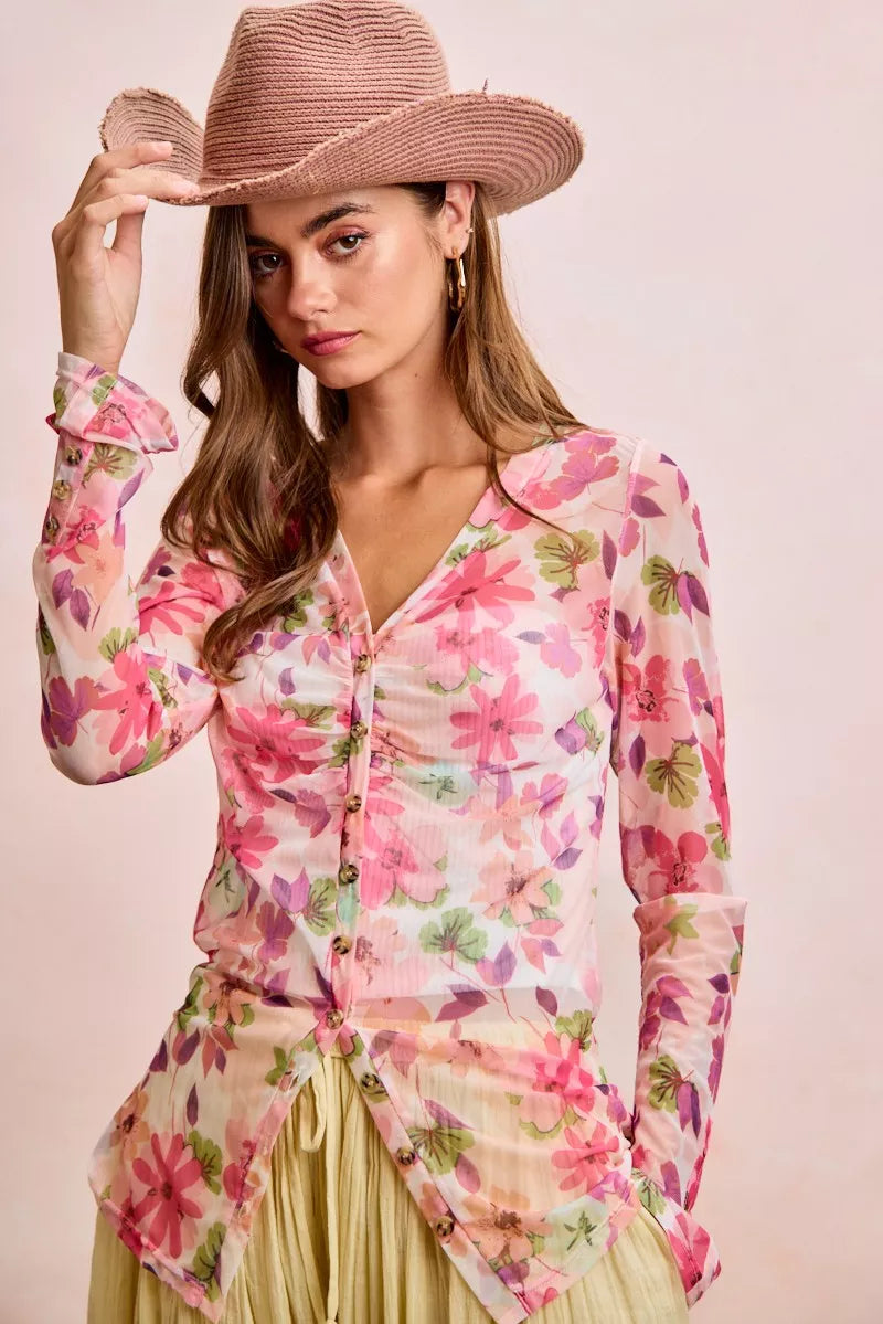 Pink floral embroidered mesh cardigan top with button-up front from Trendsi, featuring intricate embroidered floral details.
