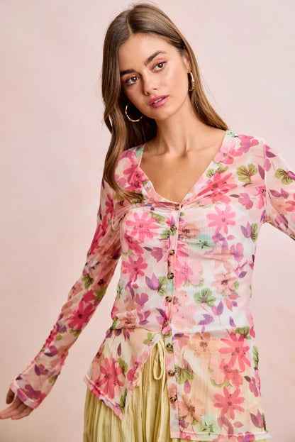Pink floral mesh cardigan top with shredded details and button-up front, by Trendsi.