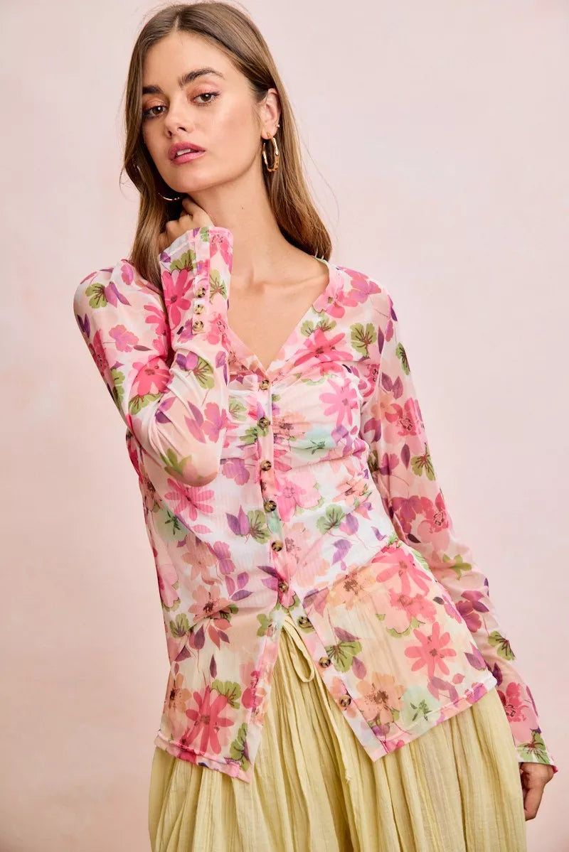Pink floral mesh cardigan top with button-up front and shredded detail, stylish Trendsi women's blouse.