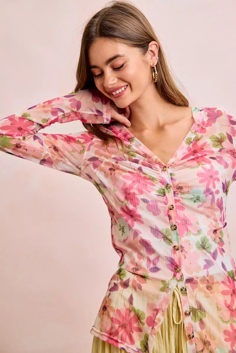 Pink floral mesh cardigan top with button-up front and shredded detail by Trendsi, perfect for a stylish layered look.