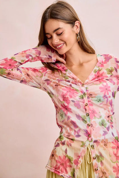 Pink floral mesh cardigan top with button-up front and shredded detail by Trendsi, perfect for a stylish layered look.
