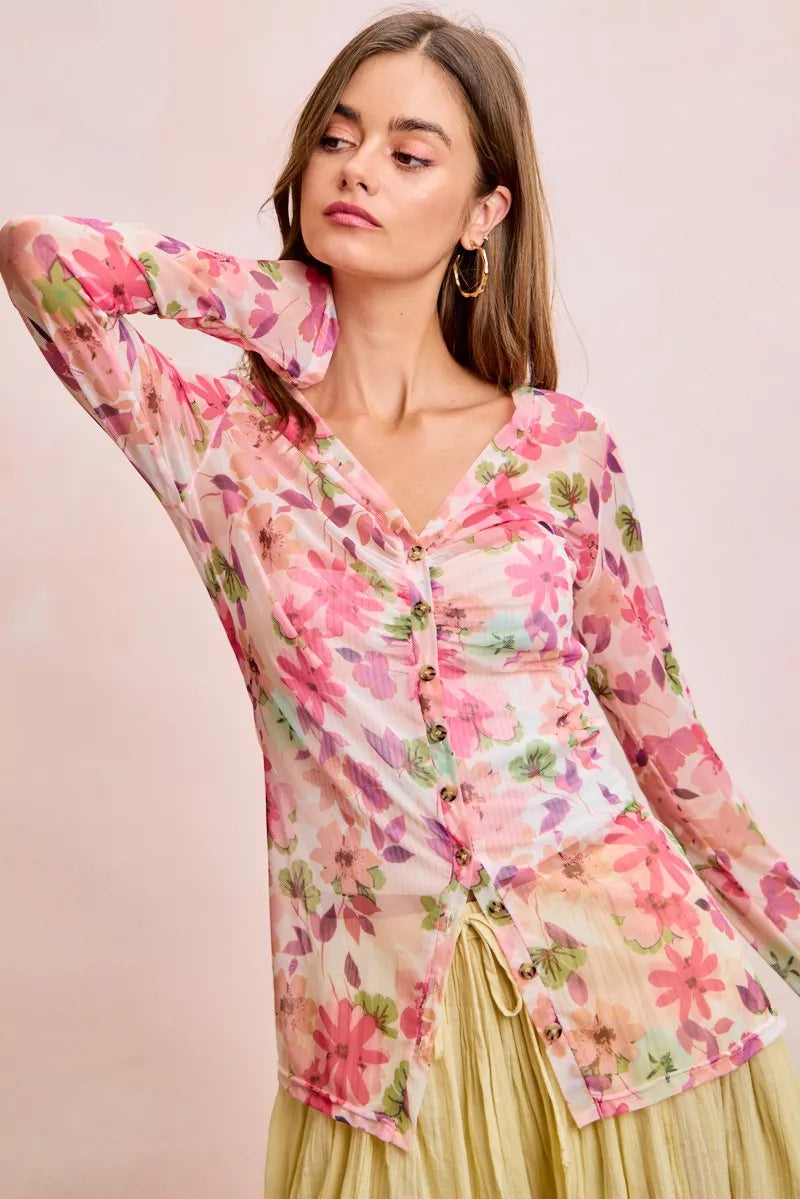 Pink floral mesh cardigan top with button-up front and shirred detail, stylishly designed by Trendsi.