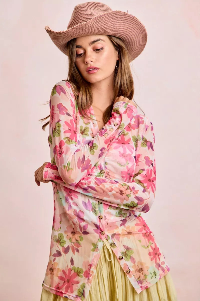 Pink floral Shirréd detail mesh cardigan top with button-up front by Trendsi, featuring a lightweight, stylish design.