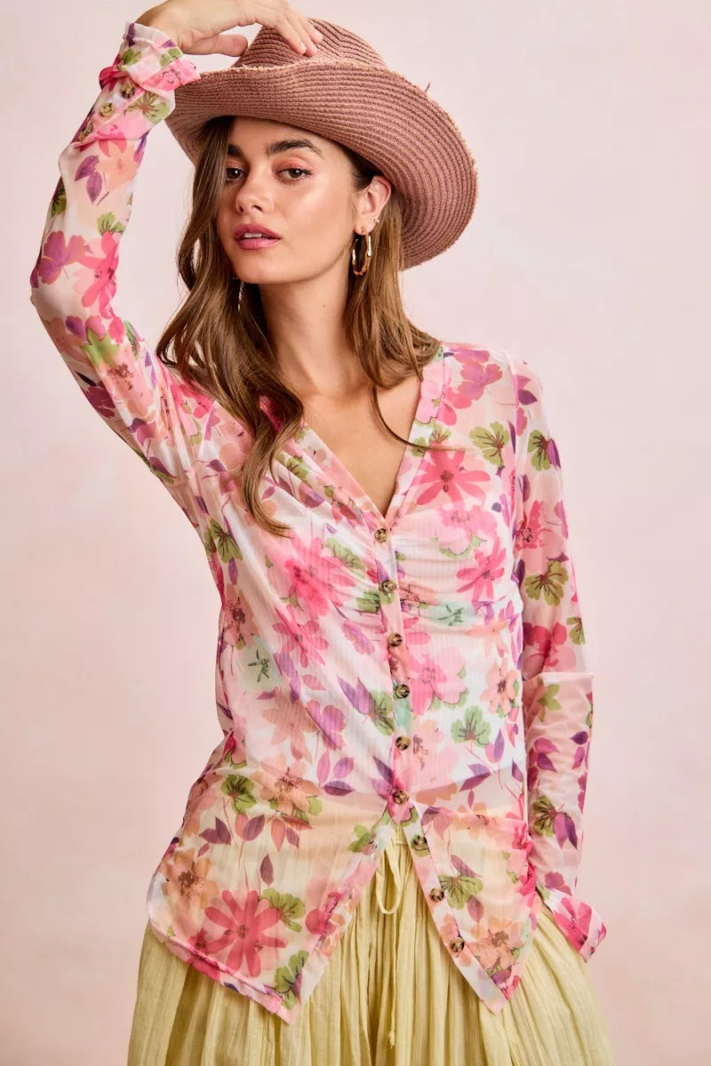 Pink floral mesh cardigan top with shirred detail and button-up front, by Trendsi, styled with a lightweight, trendy design.