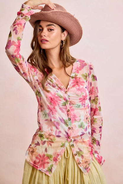 Pink floral mesh cardigan top with shirred detail and button-up front, by Trendsi, styled with a lightweight, trendy design.