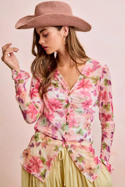 Pink floral mesh cardigan with shirred detail and button-up front, trendy blouse from Trendsi.