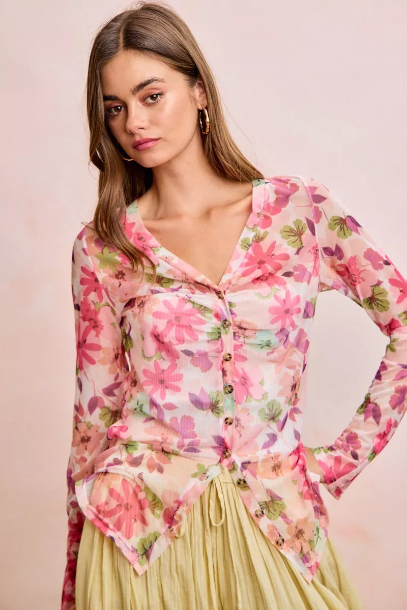 Pink floral mesh cardigan top with shirred detail and button-up front, from Trendsi, featuring a light, airy fabric and feminine design.