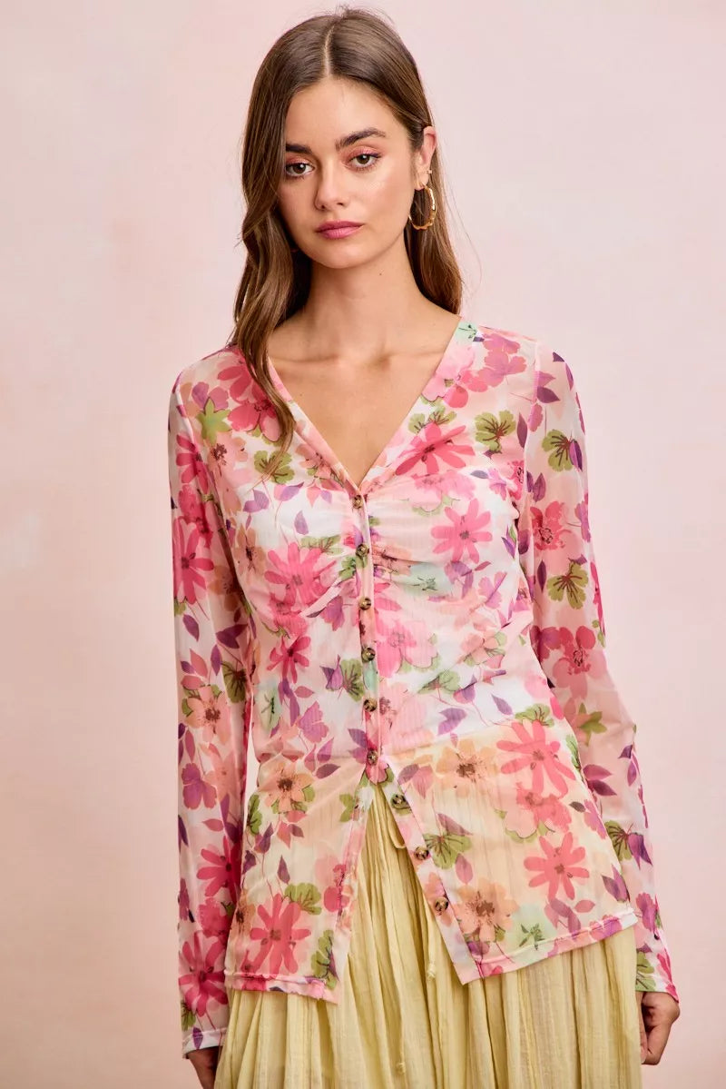 Pink floral mesh cardigan top with shredded detail and button-up front, trendy and lightweight from Trendsi.