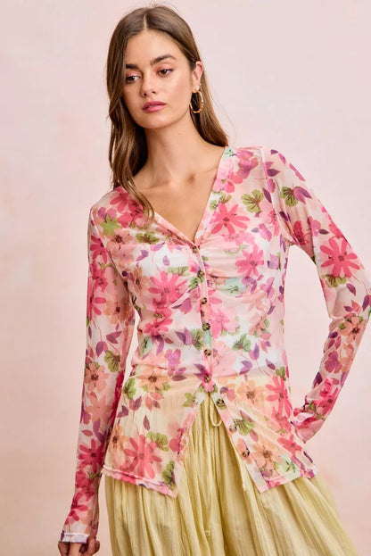 Trendsi pink multi BiBi floral shredded detail button-up mesh cardigan top, lightweight and stylish for layered outfits.
