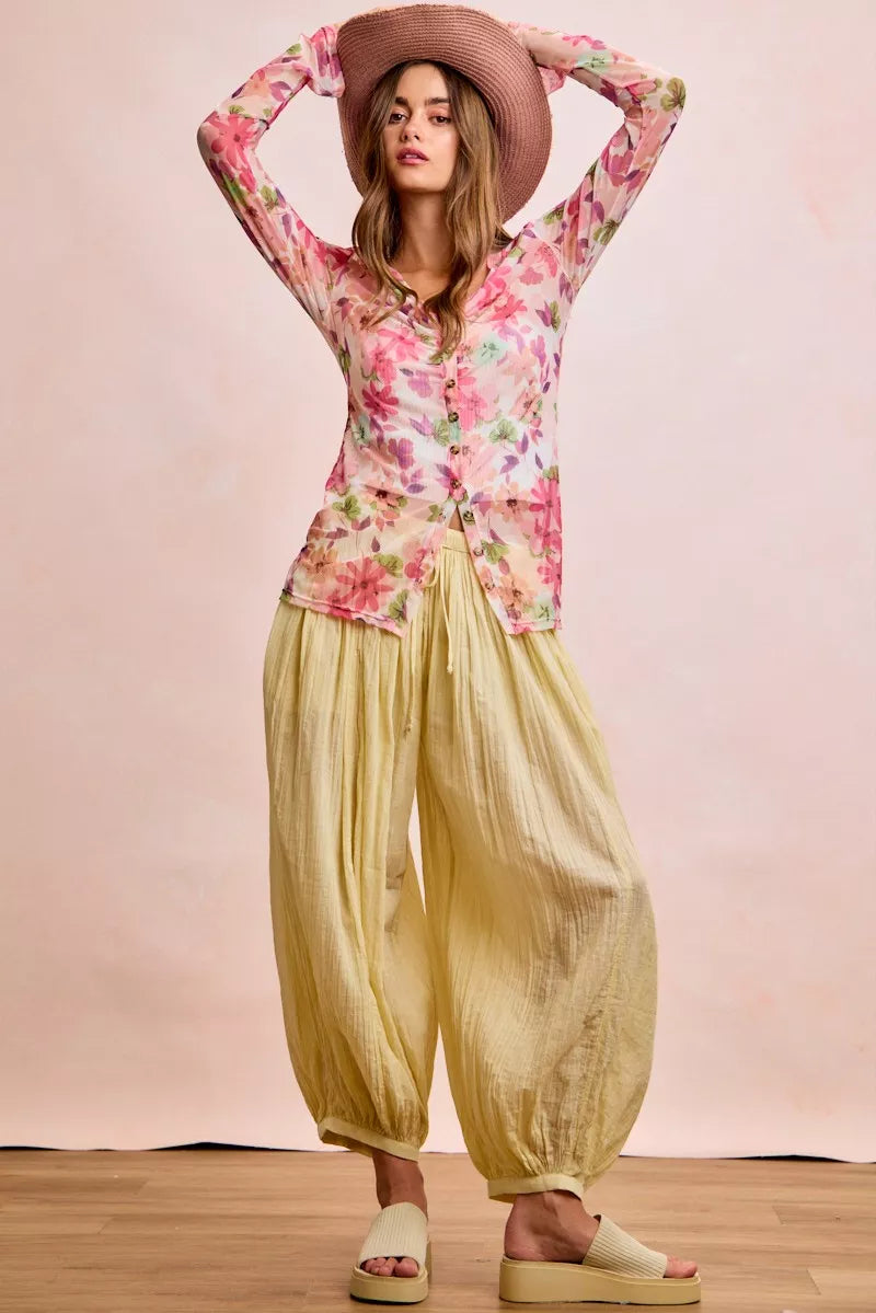 Pink floral mesh cardigan with shirred detail and button-up front, trendy women's top from Trendsi.