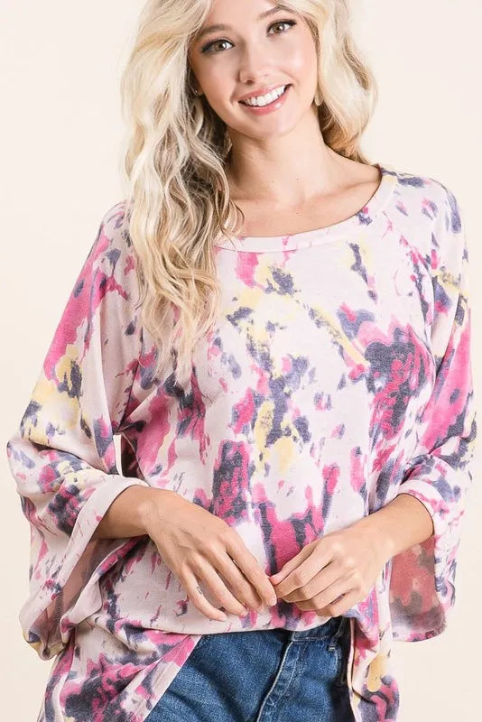 Pink multi-tone tie-dye print terry A-line top with bell sleeves from Trendsi, featuring a relaxed fit and stylish design.
