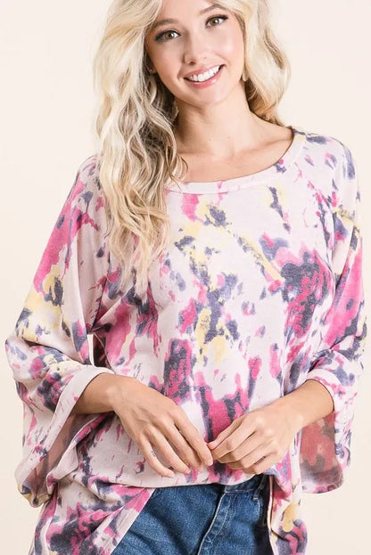 Pink multi-tone tie-dye print terry A-line top with bell sleeves from Trendsi, featuring a relaxed fit and stylish design.