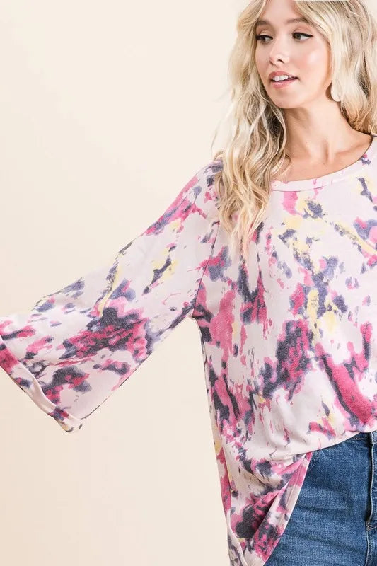 Pink tie-dye print terry A-line top by Trendsi with bell sleeves and relaxed fit, stylish and casual women's fashion.