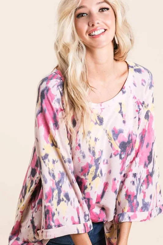Pink tie-dye print terry A-line top with bell sleeves, trendy fashion piece from Trendsi featuring a relaxed fit and vibrant design.