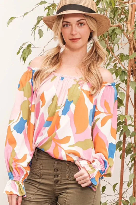 Trendsi Lime 'N' Chili abstract print off-the-shoulder long sleeve top with pink and multicolor design.