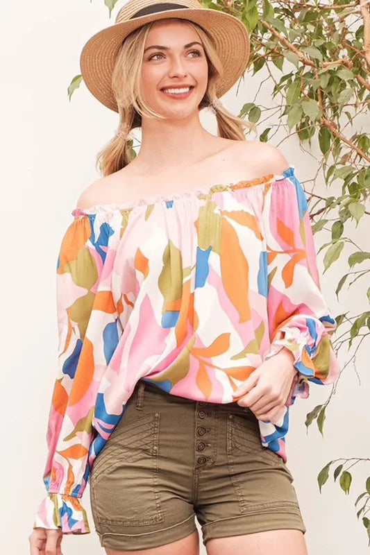 Lime 'N' Chili abstract print off-the-shoulder long sleeve top from Trendsi, pink and multicolor design, stylish and vibrant.