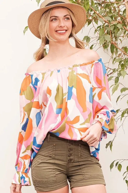 Lime 'N' Chili abstract print off-the-shoulder long sleeve top from Trendsi, pink and multicolor design, stylish and vibrant.