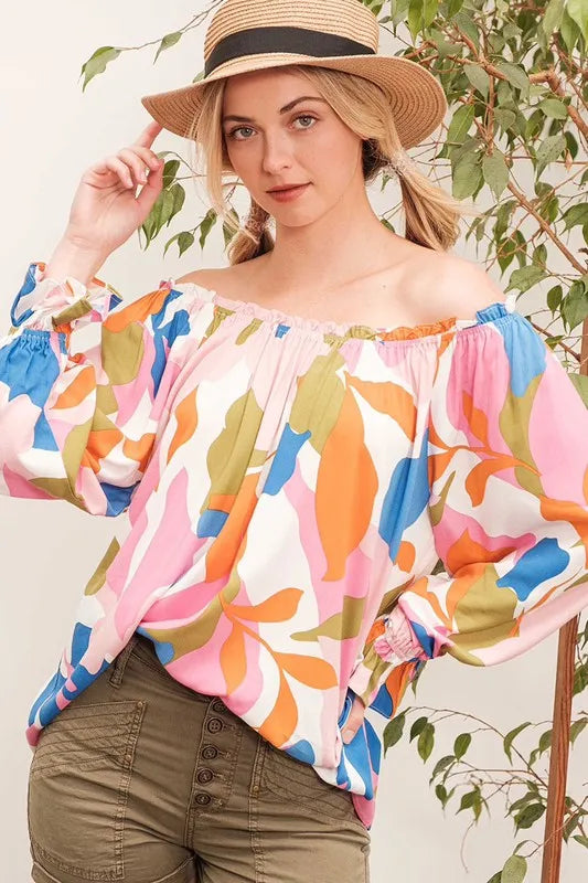 Lime 'N' Chili abstract print off-the-shoulder long sleeve top by Trendsi with pink and multi-color design