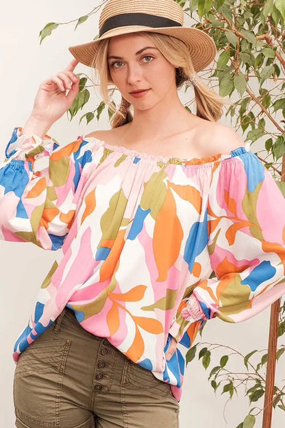 Lime 'N' Chili abstract print off-the-shoulder long sleeve top by Trendsi with pink and multi-color design