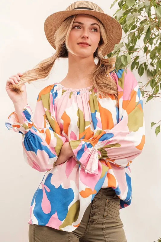 Lime 'N' Chili abstract print off-the-shoulder long sleeve top by Trendsi featuring pink and multi-color design.