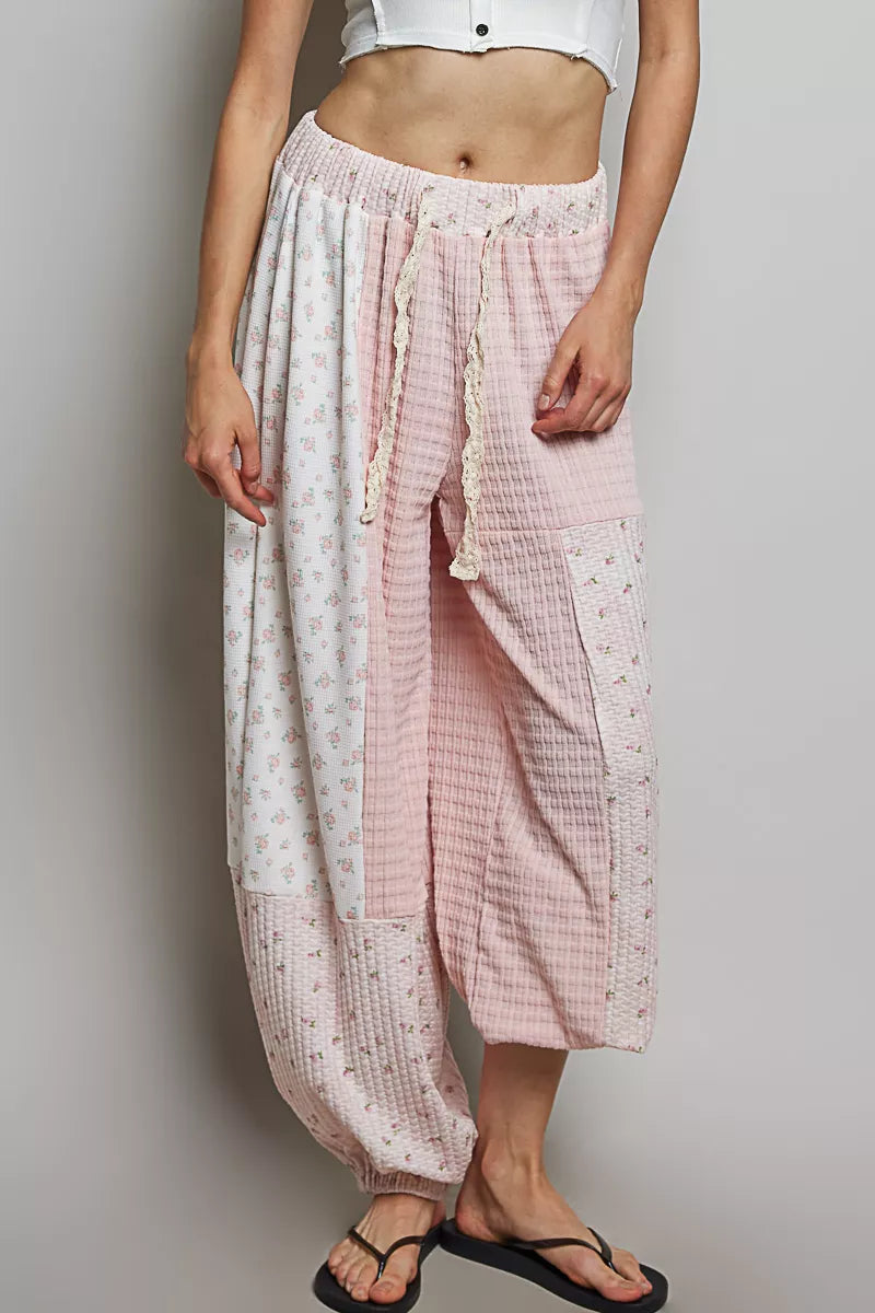 Pink patchwork mixed knit wide-leg pants from Trendsi with a relaxed fit and stylish design.