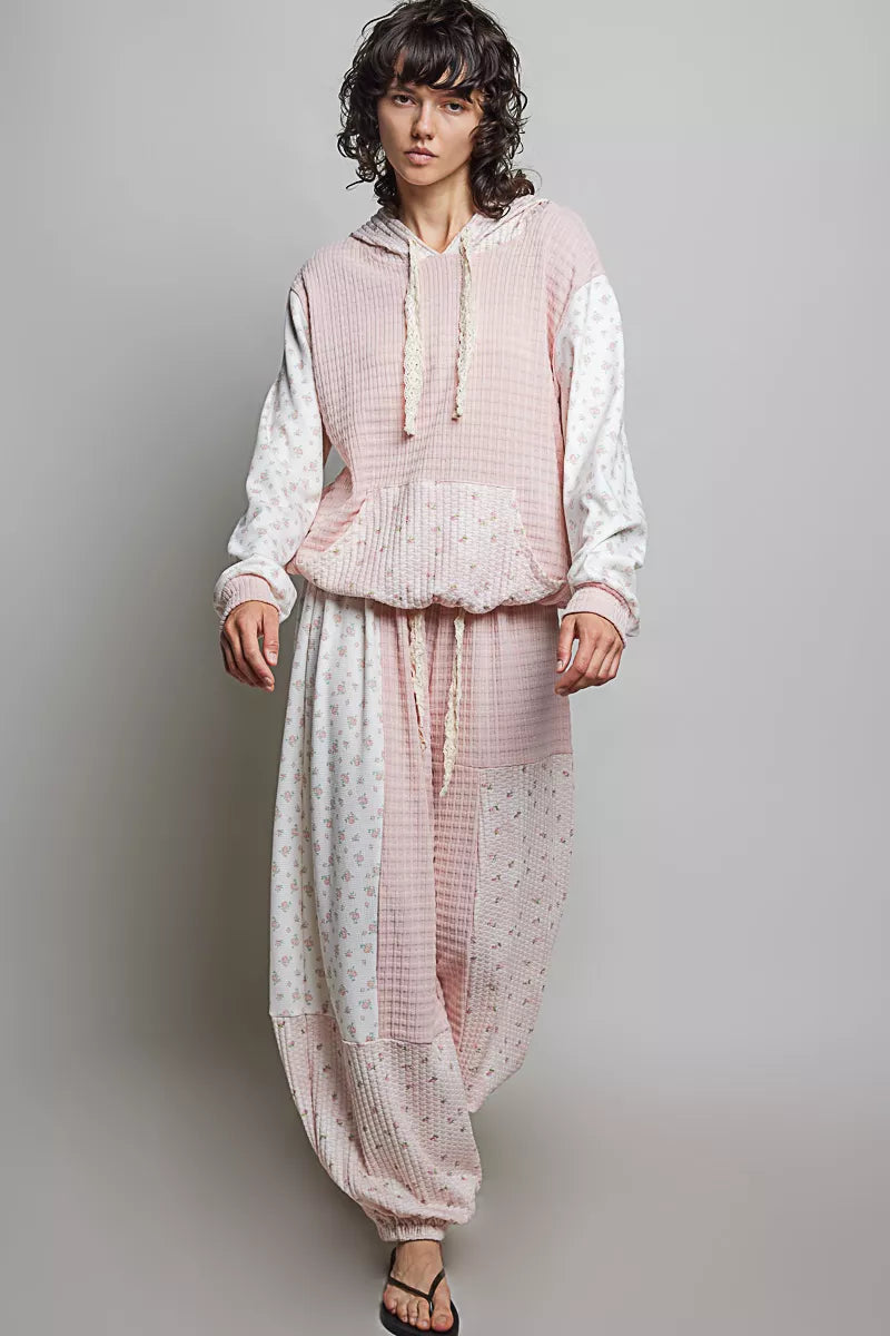 Pink patchwork mixed knit wide-leg pants from Trendsi, featuring a relaxed fit and stylish design.