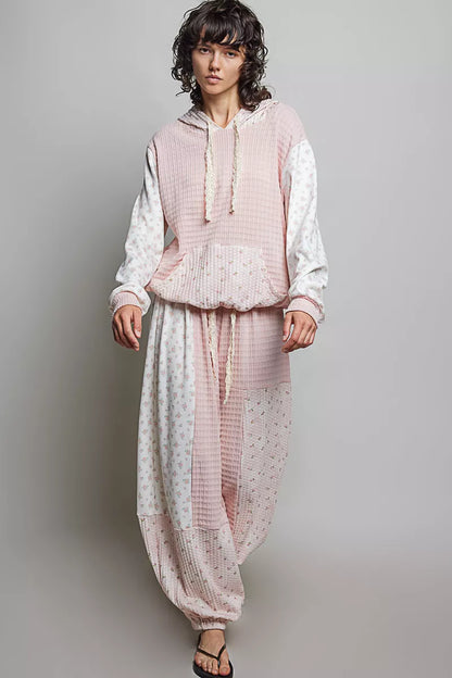 Pink patchwork mixed knit wide-leg pants from Trendsi, featuring a relaxed fit and stylish design.
